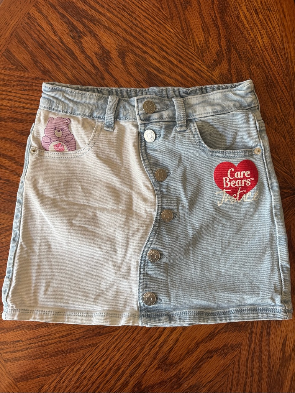 Care Bears Two-Tone Light Blue and White Denim Skirt with Heart Patch